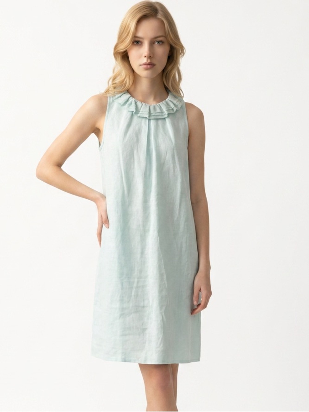 TYLER BOE | Linen & Silk Blend Ruffle-Neck Turquoise Shift Dress Women’s Size XS